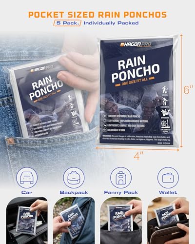 Hagon PRO Disposable Rain Ponchos for Adults (5 Pack)