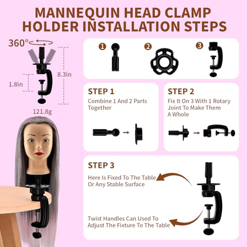 28" Mannequin Head with Hair - Cosmetology Practice Head with Clamp & Tools