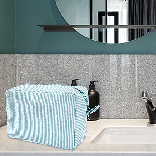 Lightweight Seersucker Makeup Bag for Women - Large Organizer
