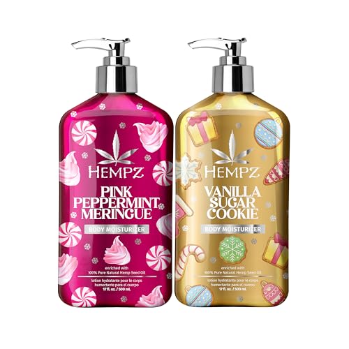 Hempz Holiday Body Lotion 2-Pack, Pink Peppermint Meringue and Vanilla Frosted Sugar Cookie Moisturizer, Fall and Winter Body Care, Gift for Men & Women, 17 oz Duo