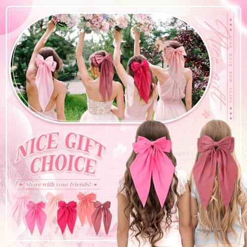 6 Pcs Coquette Large Pink Bow for Girls Women Oversized Long Tail Clip Barrette Ribbons Satin Bows Cute Bowknot Hair Accessories Gift for Birthday Galentine's Day Holidays