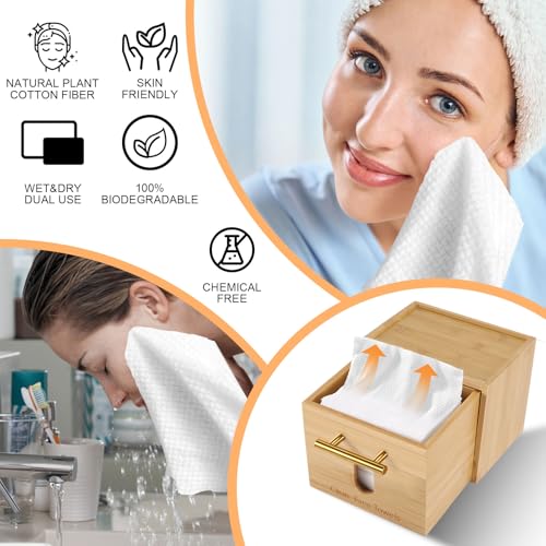 Disposable Face Towel Holder Bamboo Storage Box with 60 XL Towels, Cotton Balls Holders, Facial Towels Container Box with Drawer, Towel XL Organizer for Bathroom, Makeup Remover Dry Wipes Washcloths
