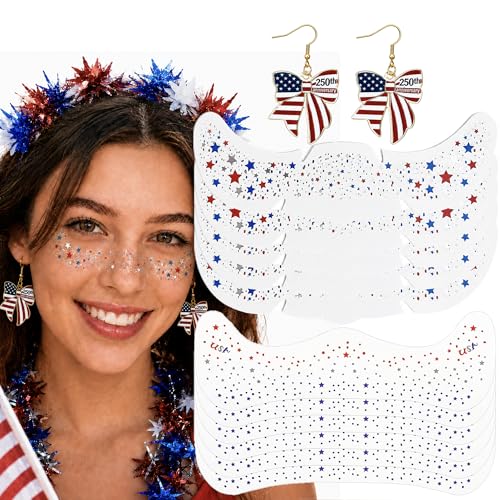 10pc Patriotic Glitter Face Tattoos & Bow Earrings Set