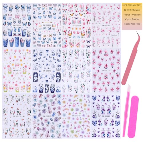 Flower Stickers for Nail Art Decals - 12 Sheets Spring Butterfly Nail Stickers with Tweezers 3D Floral Leaves Plant Nail Art Designs DIY Self Adhesive Daisy Blossom Nail Supplies Decorations