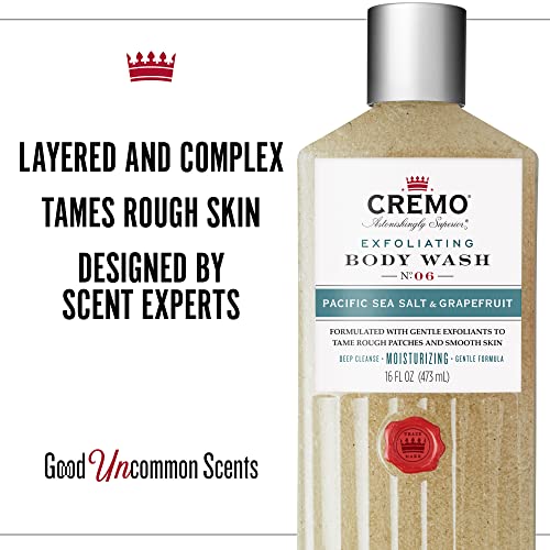 Cremo Rich-Lathering Exfoliating Pacific Sea Salt & Grapefruit Body Wash for Men, A Refreshing Scent with Notes of Fresh Mint, Citron, Cedar and Moss, 16 Fl Oz