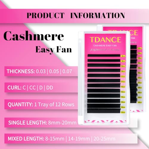 TDANCE Cashmere Easy Fan Lash Extensions D Curl 0.07mm 14-19mm
