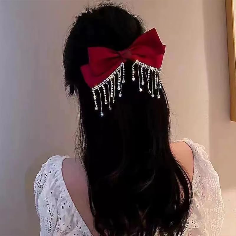 Bow Hair Clips for Women Girls Large Hair Bow Clips Elegant Rhinestones Bow for Hair Accessories Bows Satin Ribbon Hair Bows Barrette Clip Bowknot Hair Bow Decorating Party Performance Prom Hair Bow