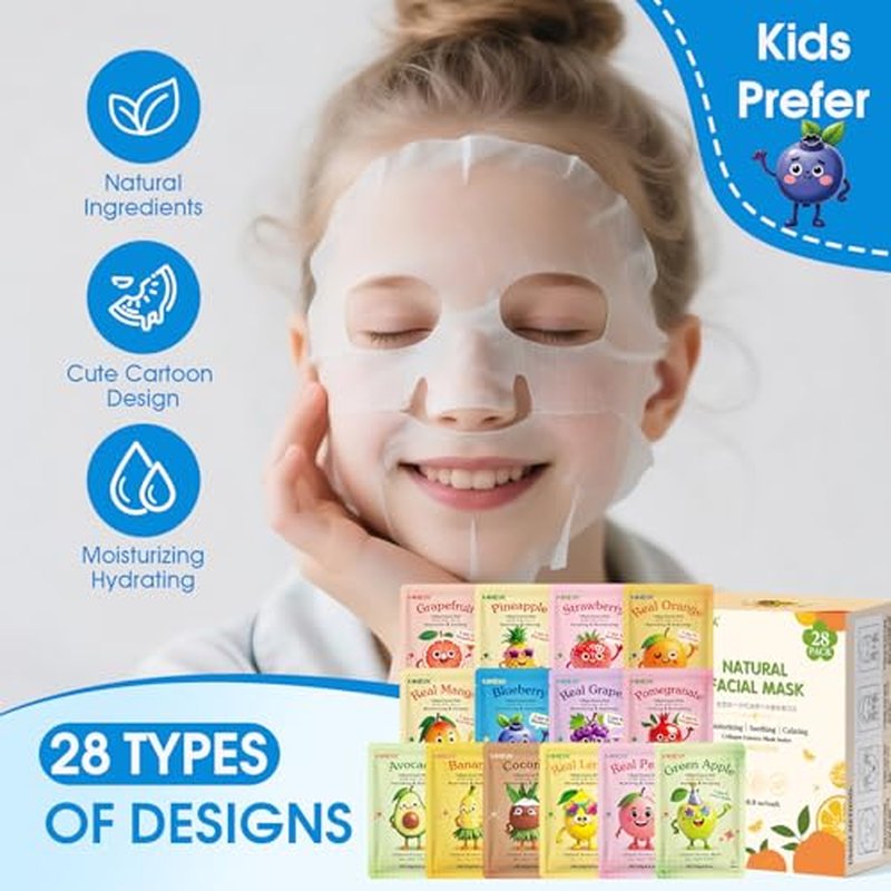 28 Pack Fruit Face Masks Skincare for Kids Girls, Sheet Collagen Face Mask for Women Skin Care, Bulk Hydrating Facial Mask for All Skin Types, Valentines Day Gifts and Party Spa Gifts for Teens