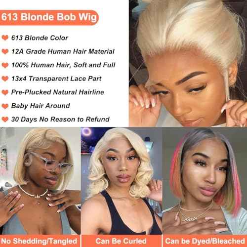 Royal Lady 613 Blonde Lace Front Bob Wig Human Hair 13x4 HD Transparent Straight Short Bob Wigs for Women 150% Density Brazilian Virgin #613 Platinum Blonde Bob Wig Pre Plucked with Baby Hair 10 Inch