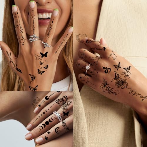 350 PCS Small Finger Temporary Tattoo for Women- butterfly Flower Rose Letter Realistic Black Fake Tiny Tattoos Waterproof Long Lasting Tattoos Stickers Sexy Tattoo for Adults