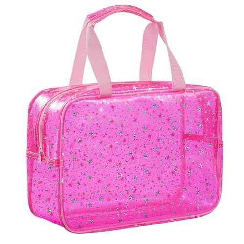 PVC Clear Makeup Bag for Women Waterproof Star Make Up Bag Toiletry Bag Travel Durable Cosmetic Bag Large Cute Tote Bag Organizer Makeup Pouch, Pink