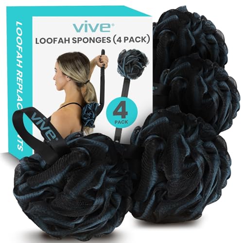 Vive Loofah Sponge Replacement (4 Pk) Shower & Bath Pouf Scrubber for Back & Body Exfoliation, Works with Vive Interchangeable Loofa Handle Long Brush (Replacement Sponge Black and Blue (4 Pack), 4)