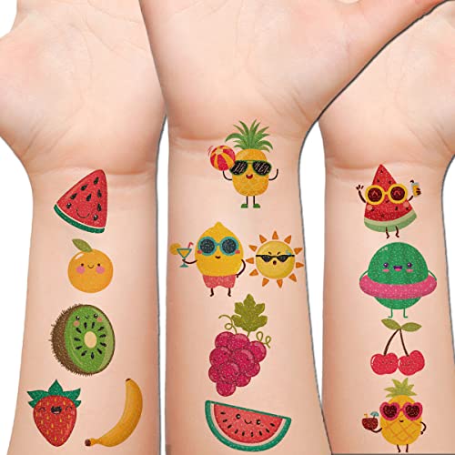 Glitter Fruit Temporary Tattoos for Kids - 100+ Cartoon Fruit Summer Tattoos for Girls Boys Birthday Party Supplies Favors