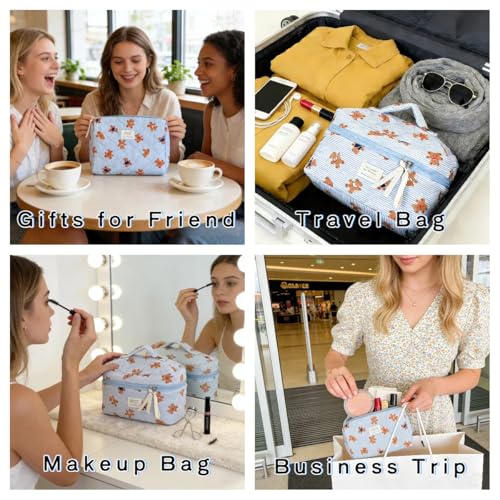 3PCS Quilted Make Up Bag Set Cute Cotton Make Up Pouch Blue Striped Bear Cosmetic Bag Set Large Travel Toiletry Bag For Women(B)