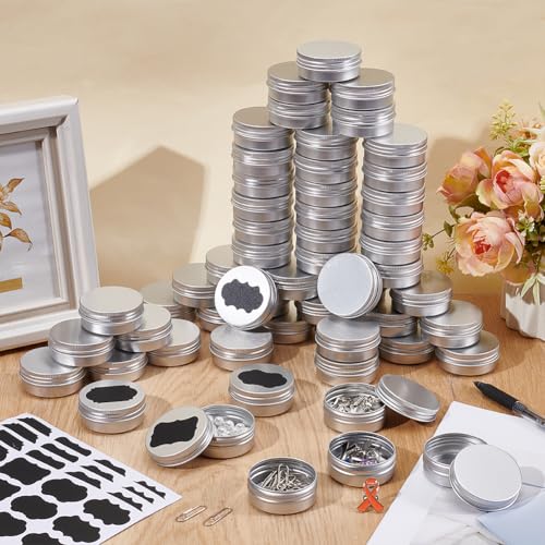 99Pcs Round Tin Cans, 1 oz/30ml Aluminum Containers with Screw Lid Small Tins with 5 Sheets Paper Label Travel Cosmetic Containers for Lip Balms Lotion Bars Candles Christmas(Silver)