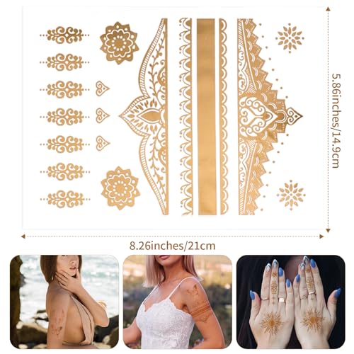 9 Sheets Gold Temporary Tattoos,110+ Designs Glitter Fake Tattoos for Women,Waterproof and Long-Lasting,Gold Metallic Glitter Tattoo Perfect for Vacation,Parties and Festivals