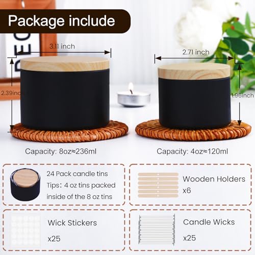 CONNOO 24 Pack Candle Tins - 12x8oz & 12x4oz with Wood-Grain Lids