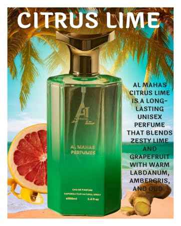 AL MAHAS Citrus Lime Perfume - Eau de Parfum 100 ml (3.4 Oz) Long Lasting Fresh Unisex Perfume, Citrus & Lime Cologne. Notes: Fresh ginger, Grapefruit, Labdanum, Ambroxan, Cascalone, Ambergris