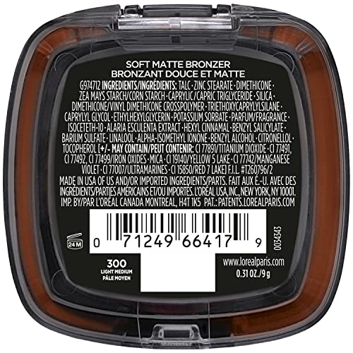 L'Oreal Paris Infallible Up to 24H Fresh Wear Soft Matte Longwear Bronzer. Waterproof, heatproof, Transfer, humidity and sweatproof, Light Medium, 0.31 oz