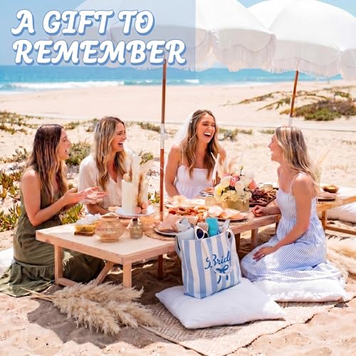 Blue Striped Canvas Tote Bag for Beach, Bridesmaid & Summer Party