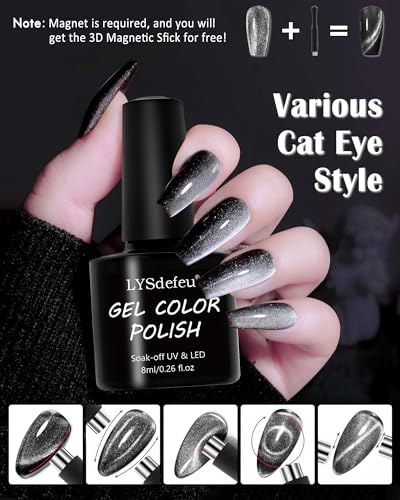 Cat Eye Nail Gel Polish Set, 2x8ml Crystal Holographic Soak Off Magnetic Gel Polish Set with Magnet, Glitter Reflective Shimmer Sliver Black French Gel Polish for Nail Art Manicure Salon DIY-01+12