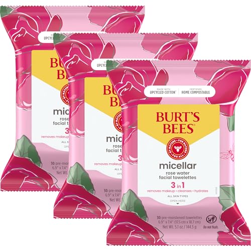 Burt's Bees Rose Water Face Wipes, for All Skin Types, Hydrating Micellar Makeup Remover & Facial Cleansing Towelettes, 30 Ct (3-Pack)