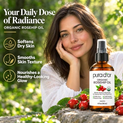 PURA D'OR USDA Organic Rosehip Seed Oil 4oz Cold-Pressed Face & Hair Treatment