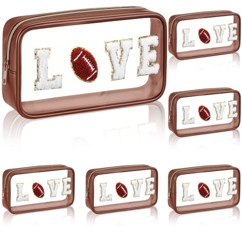 6 Pcs Football Gifts for Team Clear Makeup Bag with Chenille Letter Patch Sport Goodie Clear PVC Pouch Organizer Waterproof Travel Toiletry Bags for Sports Party Favors Supplies