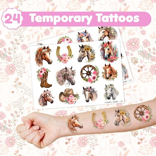 48PCS Floral Horse Party Set - 24PCS Temporary Tattoos & 24PCS Slap Bracelets - Cute Horse-Themed Birthday Supplies, Baby Shower Gifts, Classroom Rewards & Party Decor for Kids (Boys & Girls)