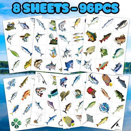 96 Pre-Cut Fishing Temporary Tattoos for Kids Party Favors