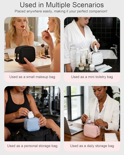 Compact Double Zipper Makeup Pouch - Travel Cosmetic Bag - Black