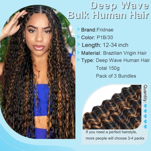 Fridnae Light Brown P1B30 Deep Wave Human Hair Bundles for Boho Braids 34 Inch