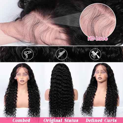 Water Wave Lace Front Wigs Human Hair 220 Density 13x6 HD Transparent Lace Frontal Wigs Human Hair Pre Plucked with Baby Hair 22 Inch Curly Lace Front Wigs for Women