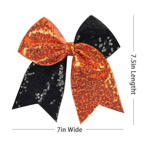 Jumbo Glitter Cheer Bow Clip - 7 Inch Large Cheerleading Sequin Hair Bow with Tails for Girls Teen Softball Cheerleader Outfit Uniform (Orange Black)