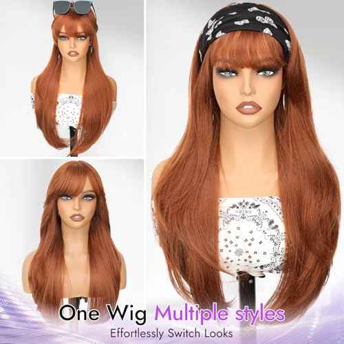 Long Ginger Wig with Bangs for Women,4x4 Realistic Scalp, Free Parting,Layered Hairstyle Synthetic Heat Resistant for Daily Party Use 26 inch