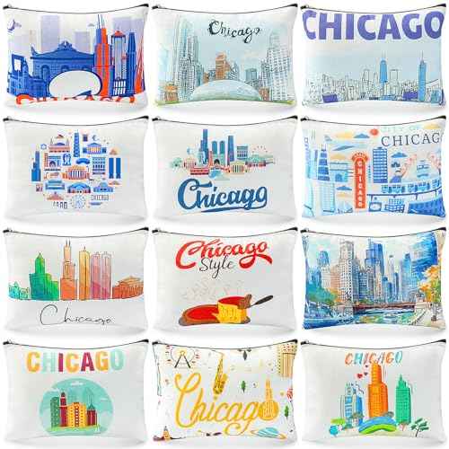 Reginary 12 Pcs Chicago Souvenirs Makeup Bag Travel Gift Cosmetic Bag Trip Favors Chicago City Themed Gifts for Traveller Birthday Christmas Bachelorette Party Favors
