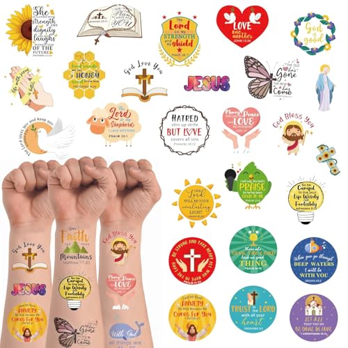 Christian Bible Verse Temporary Tattoos Stickers,20 Sheets 132 Pieces Bible Themed Tattoos Stickers Party Decoration Supplies