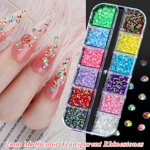 18000pcs Nail Rhinestones and Pearls for Nail Art, 2mm Resin AB Transparent Jelly Rhinestones Crystal Nail Gems Multicolor Flatback Pearls with Tweezers & Pickup Tools for Women Nails Design Craft DIY