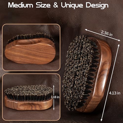 Boar Bristle Beard Brush for Men, 4.2-Inch Black Walnut Wood Handle Military Style, Men's Natural Wooden Boar Bristles Mustache Brush - Medium Hardness