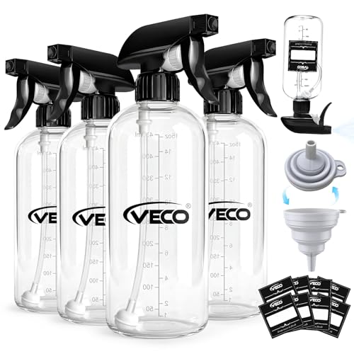 Veco 15oz Spray Bottle 4-Pack - 360° Any-Angle with Adjustable Nozzle