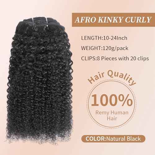 Afro Kinky Curly Clip Ins Human Hair 4C Hair Clip in Extensions Real Natural Human Hair for Black Women 8 pecs with 20 Clips 120g Natural Black Color 22 Inch