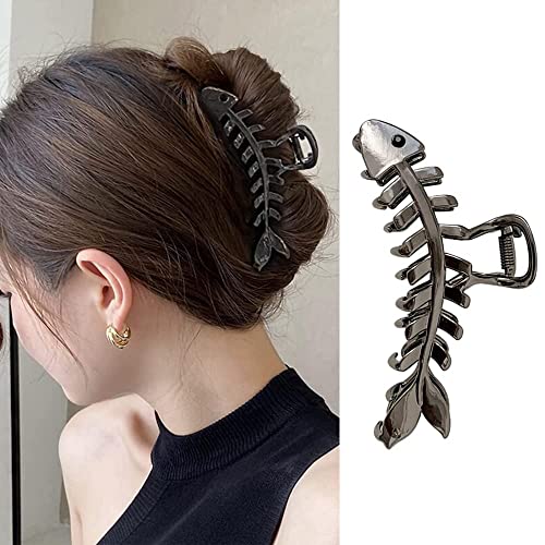 YKZFUI Fish Bone Shape Design Hair Clip, 1 Pcs Metal Hair Claw Clip Black Hairpin Fashion Nonslip Hair Clamps for Women Thick or Thin Hair Decorations