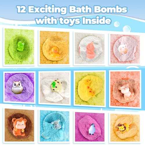 Bath Bombs for Kids with Surprise Toys Inside, 12 Pcs Bubble Bath Fizzy Balls with 12 Animal Shapes, Natural Bath Bombs Easter Christmas Children's Day Gift Set for Kids Girls Boys Toddlers