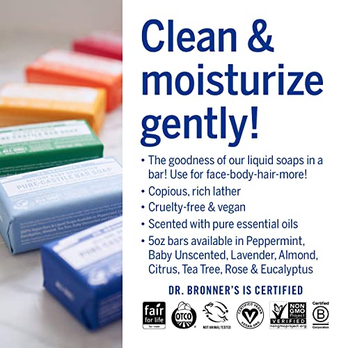 Dr. Bronner's Pure-Castile Magic Bar Soap (5 oz Variety Pack) Almond, Unscented, Lavender, Peppermint, Citrus, Rose, Tea Tree, & Eucalyptus - Made with Regenerative Organic Certified Oils, Vegan