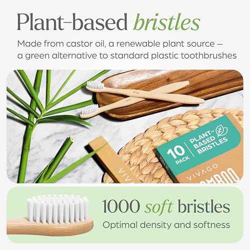 Bamboo Toothbrushes 10 Pack ? Natural Toothbrushes, Plant-Based Soft Bristles ? Eco-Friendly Wooden Toothbrush