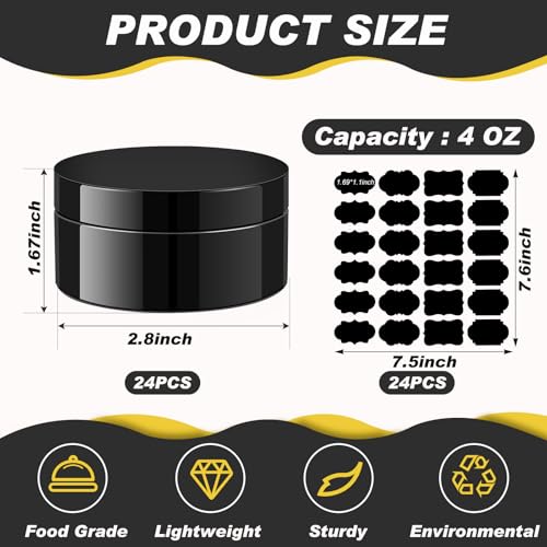 Dandat 24 Pcs 4 oz Plastic Jar Container with Lid and Label Refillable Empty Round Black PET Cosmetic Sample Slime Containers for Lotion, Cream, Ointments, Body Butter, Makeup, Travel Storage