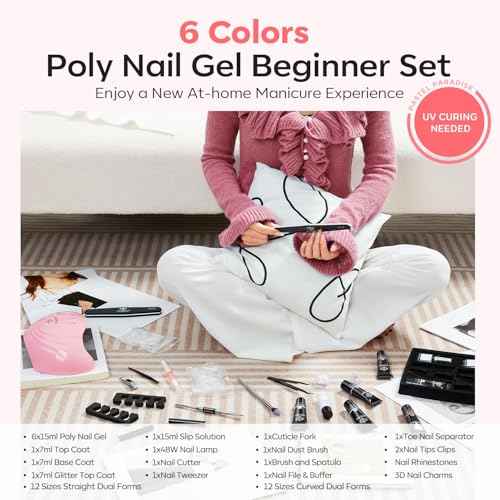 Modelones Poly Nail Gel Kit, 6 Colors Poly Extension Gel Clear Pink White with 48W U V/LED Lamp 3D Nail Charms Builder Slip Solution Complete Toe Manicure Supplies Tools for Starter