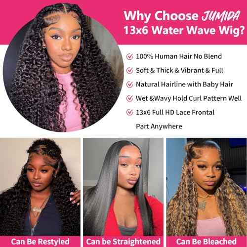 28 Inch 13x6 Lace Front Wigs Human Hair Water Wave 200 Density 13x6 HD Full Lace Frontal Wigs Pre Plucked Wet and Wavy Glueless Deep Curly Human Hair Wigs for Women Natural Black