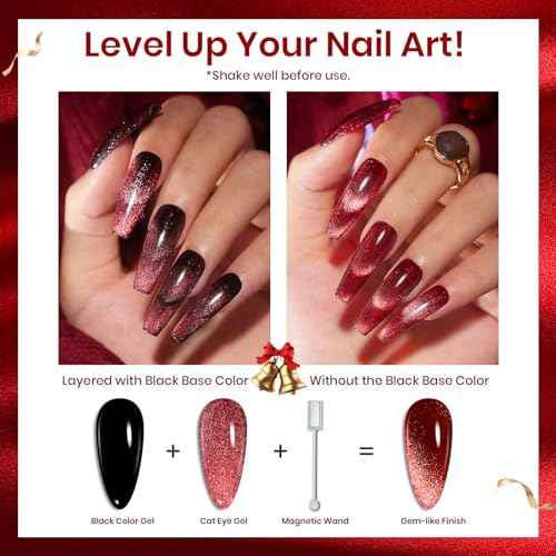 Beetles Cat Eye Gel Nail Polish Set, 6 Colors Christmas Gel Polish Kit Glitter Red Pink Shiny Brown Burgundy Purple Blue Green Magnetic Effect Sparkle Stunning Soak Off UV Manicure Gifts for Women