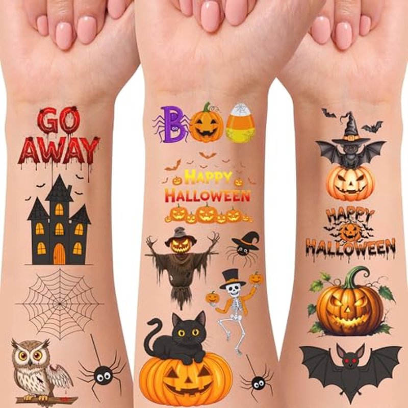 Halloween Temporary Tattoos | Halloween Decorations Party Favors Supplies D?cor Accessories Stickers Pumpkin Trick Or Treat Skull Skeleton Owl Ghost Bat Gift Idea For Kids Boy Girl Teen Adult-60Pcs